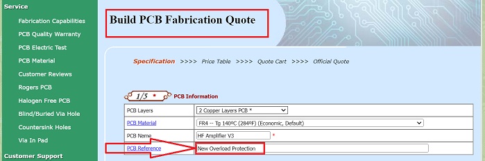 PCB Reference input location during online quote