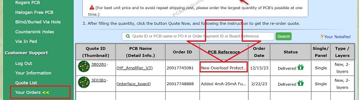 PCB Reference saved with order record