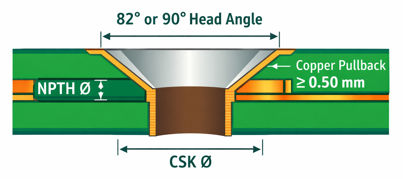 PCB countersink hole cross section showing 82 or 90 degree head angle, NPTH hole, countersink diameter, and copper pullback