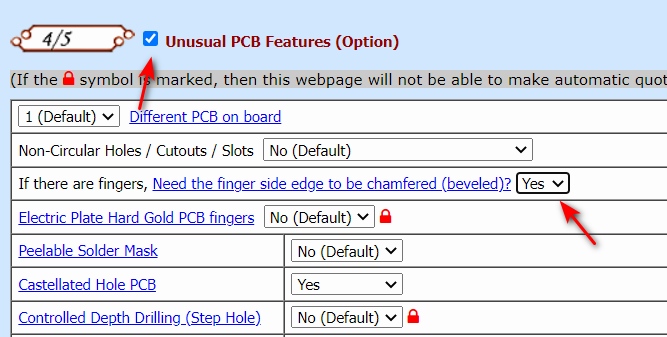 Select Yes for finger PCB edge chamfered beveled option in PCB quote system