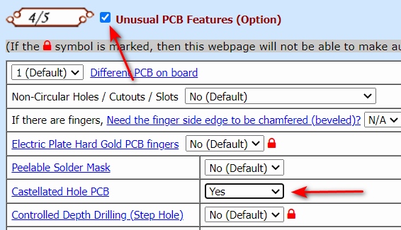 Castellated Hole PCB option changed from No to Yes in PCB quotation form
