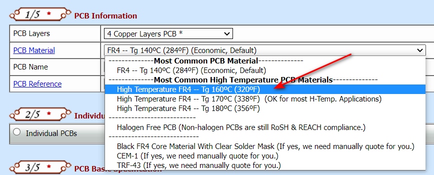 PCB Material dropdown menu showing High Temperature FR4 options in PCB quotation form