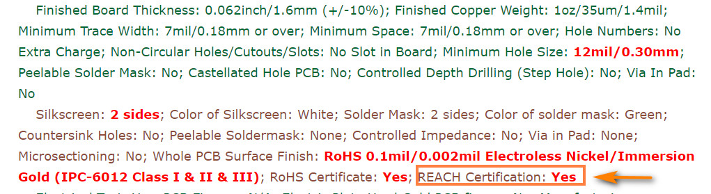 REACH Certification selected as Yes in PCB quotation form