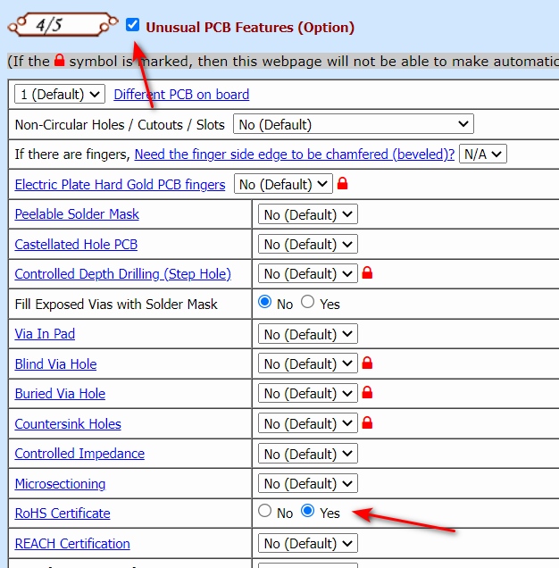 RoHS Certificate selected as Yes in PCB quotation form
