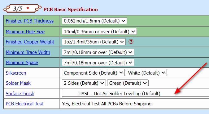 Surface Finish dropdown menu showing PCB finish options in PCB quotation form