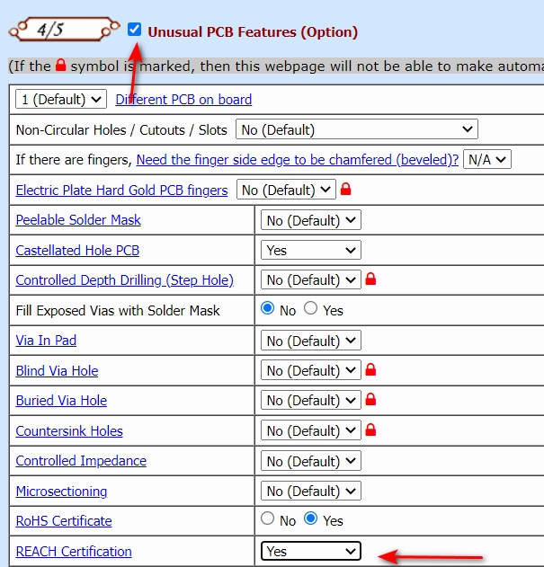Select Unusual PCB Features option to access REACH Certification in PCB quote form