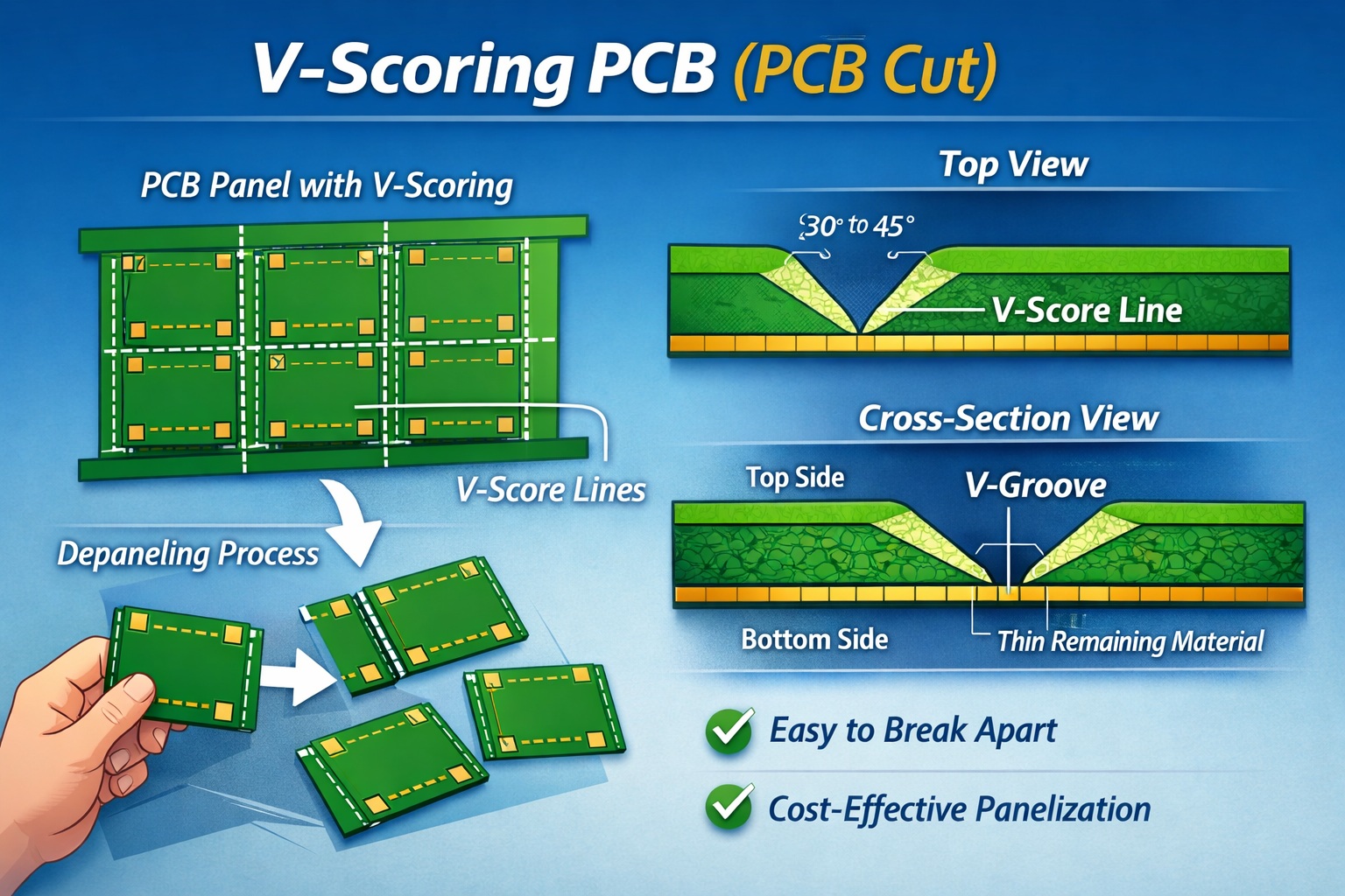 V-Scoring PCB panelization diagram showing V-groove lines and PCB depanelization process